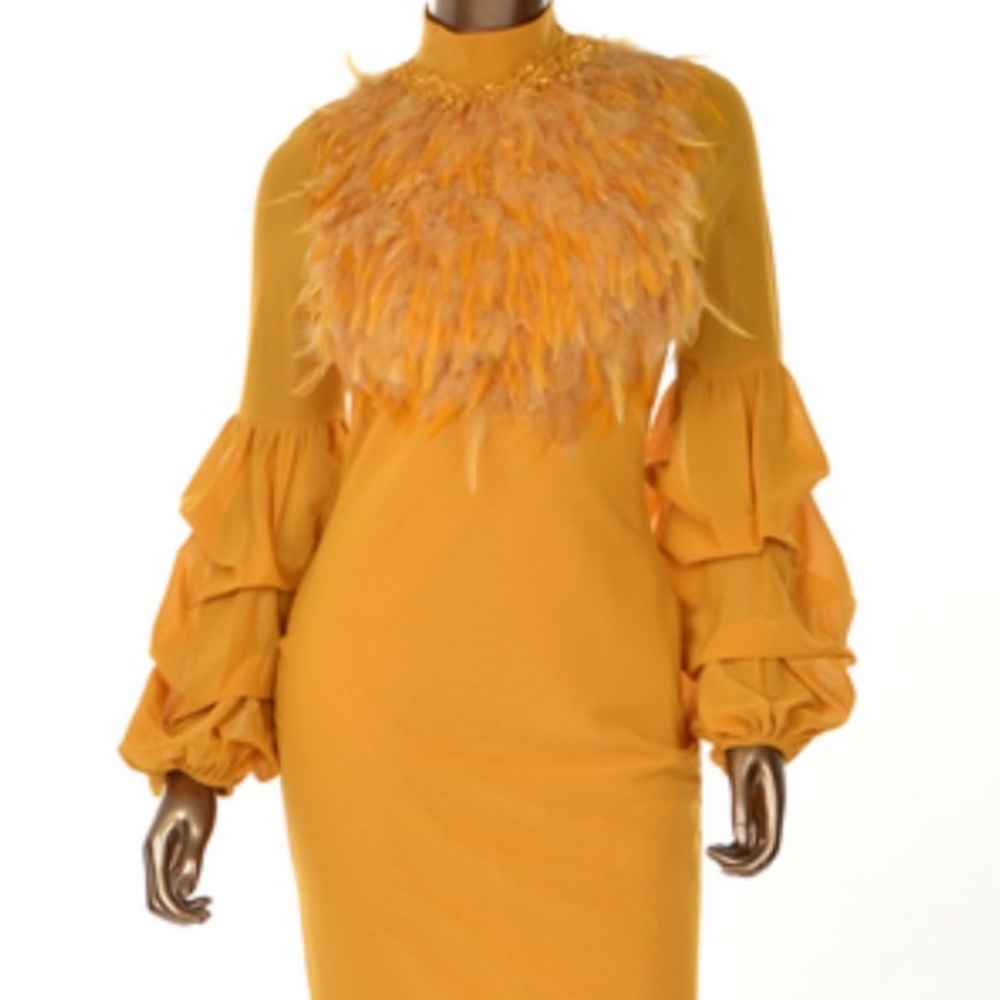 Mustard Long Sleeve Feathered Dress